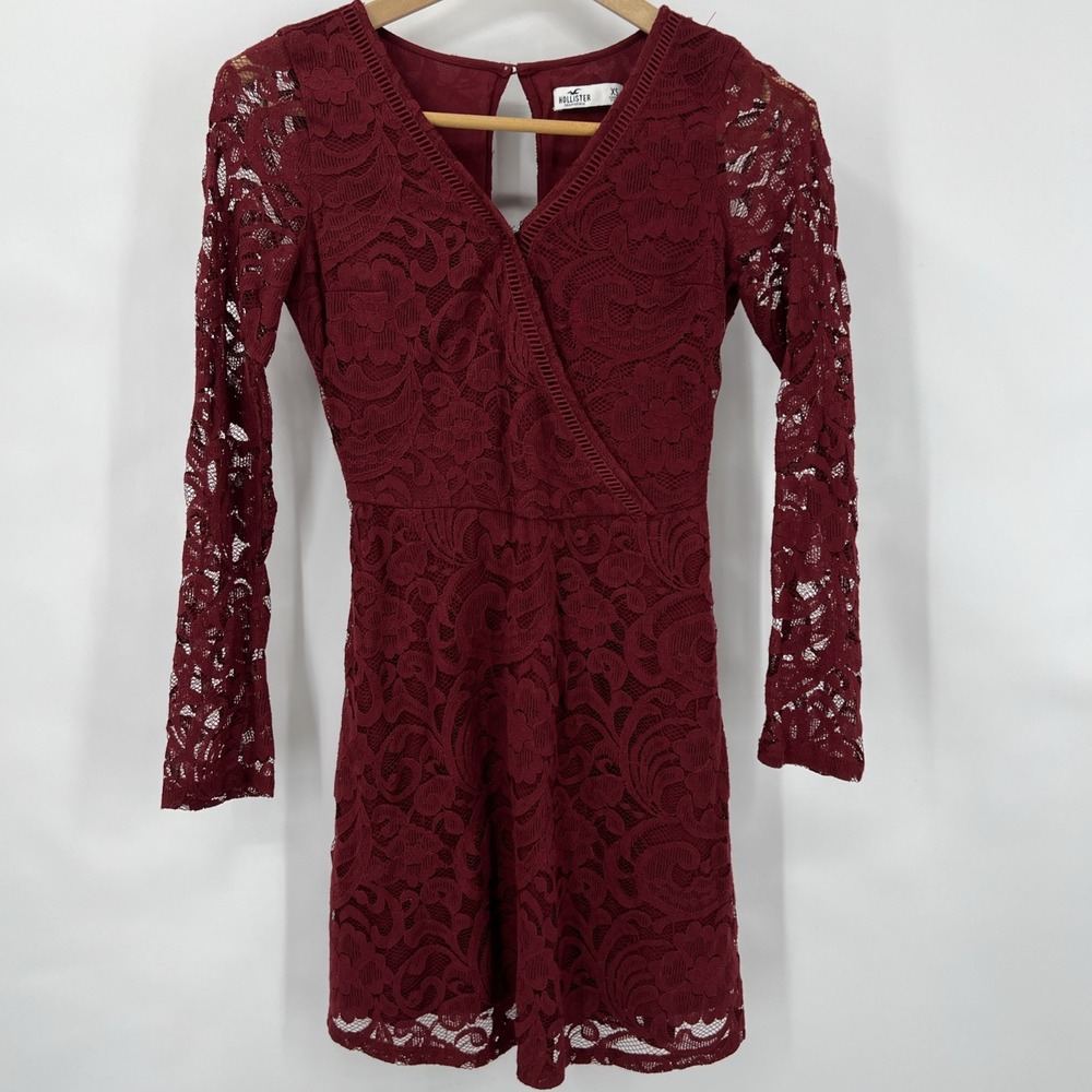 Cranberry Lace Floral Long Sleeve V-Neck Mini Dress Junior XS Whimsigoth Fairy